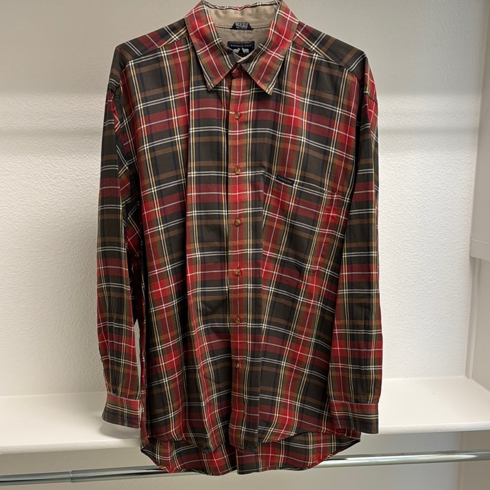 Woods & Gray Men’s XL Button Down Long Sleeve‎ Red Green Plaid 100% Cotton Shirt